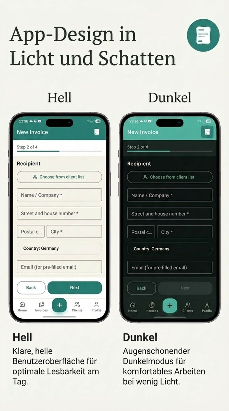 Easy Rechnung — Hell- und Dunkelmodus
